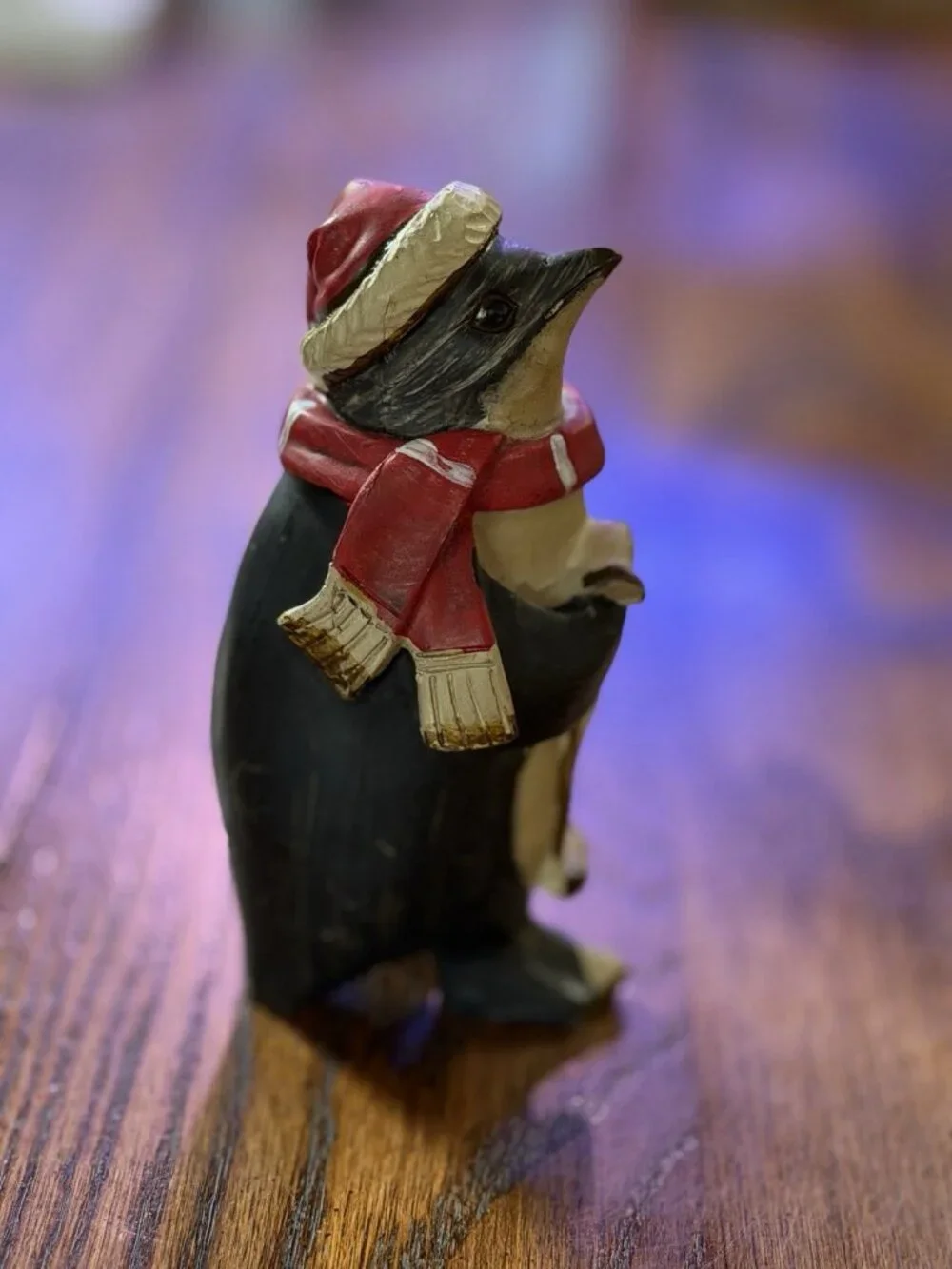 Christmas Penguin Figurine Wearing Santa Hat With Red Scarf 4.5”